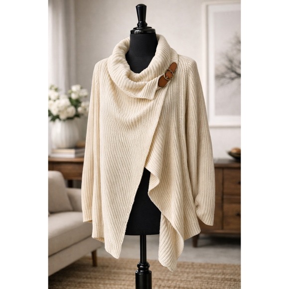 Polo Ralph Lauren Sweaters - Polo Ralph Lauren Cardigan Womens L Cream Drape Front Leather Buckle